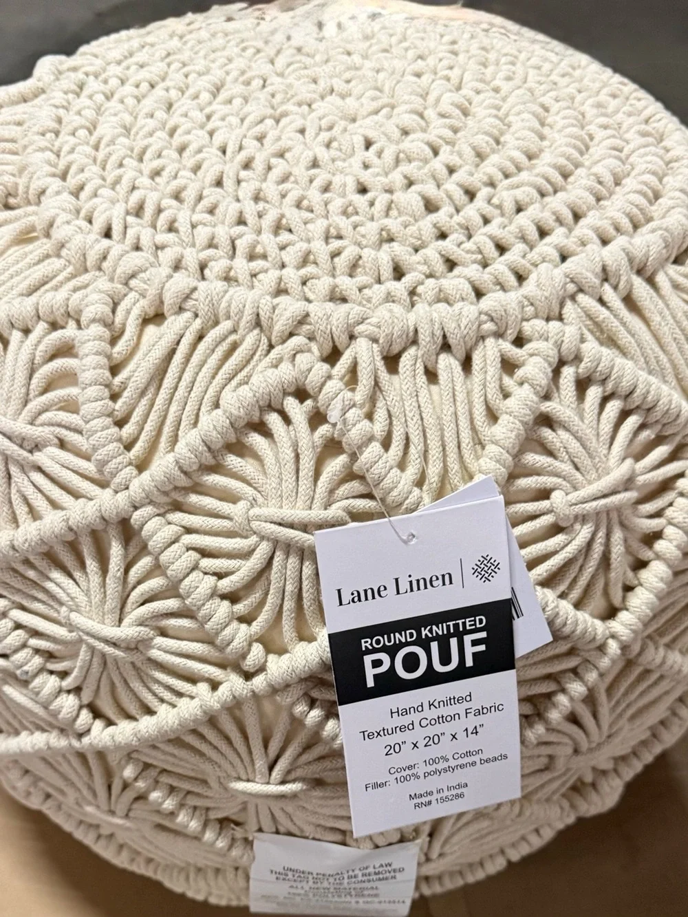 Hand-Knitted Round Pouf in Cream